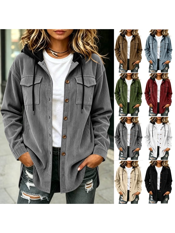 Hooded Corduroy Shacket for Women Button Down Long Sleeve Shirt Jacket with Drawstring Hood and Pockets