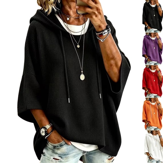 Hooded Drawstring Waffle Knit Pullovers for Women Oversized 3/4 Length Sleeve Loose Fit Hoodies Soft Lightweight Casual Sweatshirts Tops,XL,Black