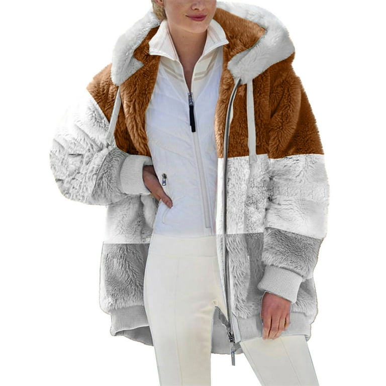 Hooded Faux Fur Coats for Women Long Teddy Bear Jacket Hoodies Zip