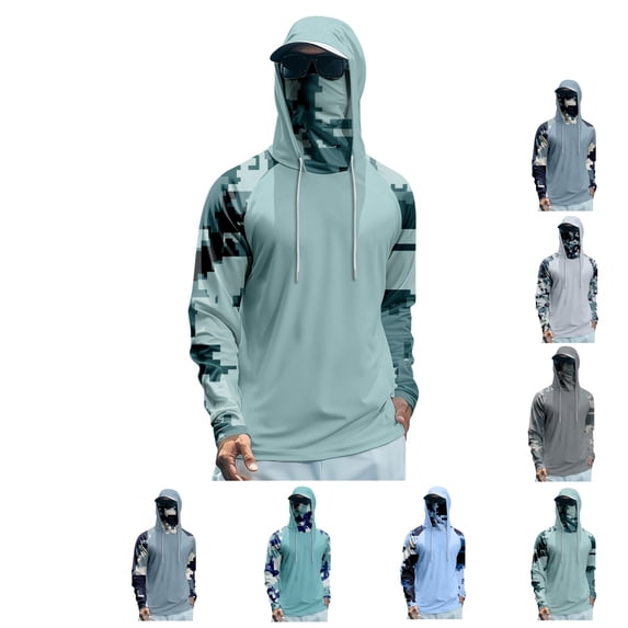 Hooded Fishing Shirts with Face Mask Cooling UPF 50+ Sun Protection Rash Guard Moisture Wicking Outdoor Boat Sun Shirt
