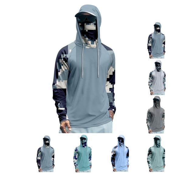 Hooded Fishing Shirts with Face Mask Cooling UPF 50+ Sun Protection Rash Guard Moisture Wicking Outdoor Boat Sun Shirt