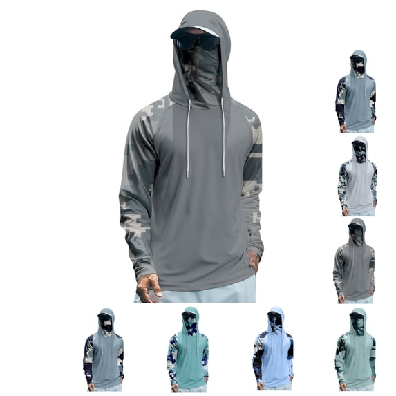 Hooded Fishing Shirts with Face Mask Cooling UPF 50+ Sun Protection Rash Guard Moisture Wicking Outdoor Boat Sun Shirt