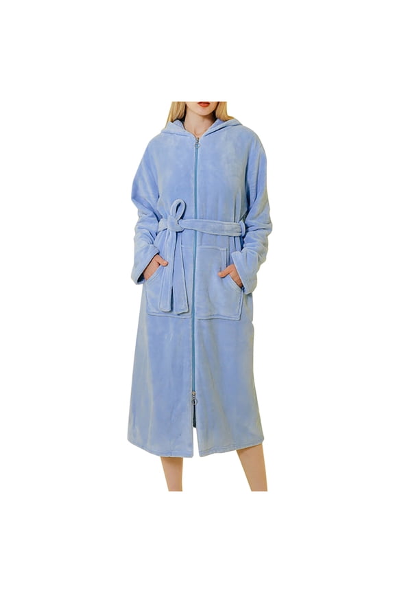 Hooded Fleece Robe for Women Winter Warm Soft Solid Nightgown Zipper Up Bathrobe Fuzzy Spa Robe With Pockets & Belt