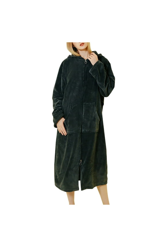 Hooded Fleece Robe for Women Winter Warm Soft Solid Nightgown Zipper Up Bathrobe Fuzzy Spa Robe With Pockets & Belt