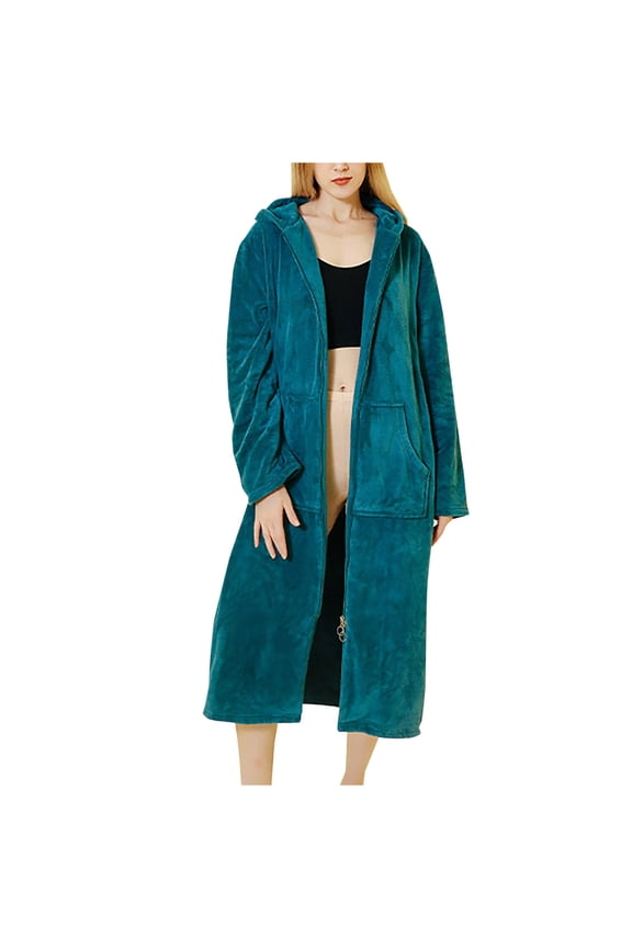 Hooded Fleece Robe for Women Winter Warm Soft Solid Nightgown Zipper Up Bathrobe Fuzzy Spa Robe With Pockets & Belt