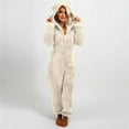 thumbnail image 1 of Hooded Fleece Solid Color Jumpsuit,Womens Deep V Neck Onesies Pajamas Fleece Jumpsuit Sherpa Romper Sleepwear Fashion Bear Hooded Playsuit Zip Loungewear, 1 of 6