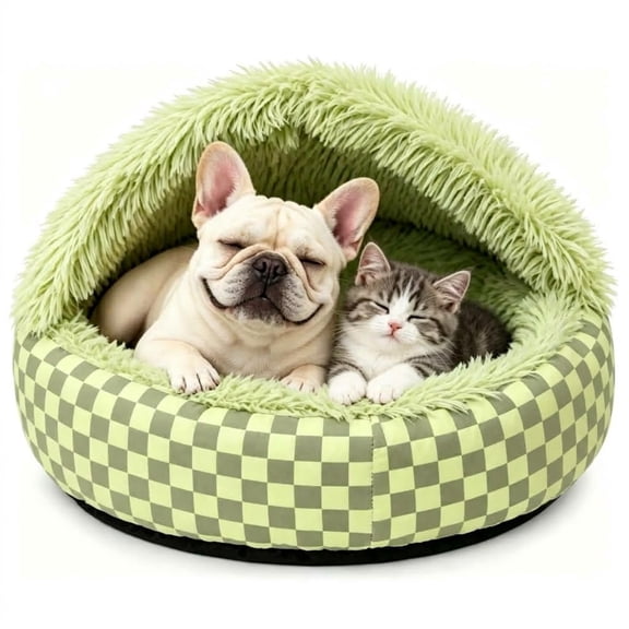Hooded Frenchie Donut Bed, Hooded Burrow Cave Bed with Non-Slip Bottom for Small to Medium Dogs and Cats