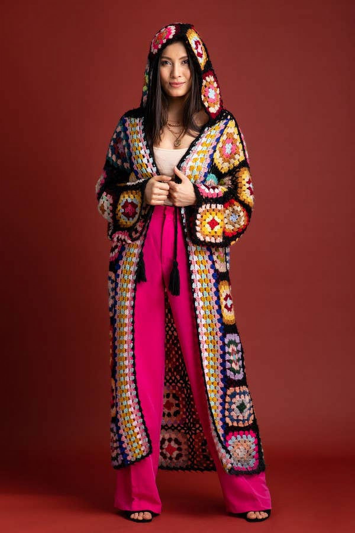 Hooded Granny Crochet Kimono Black