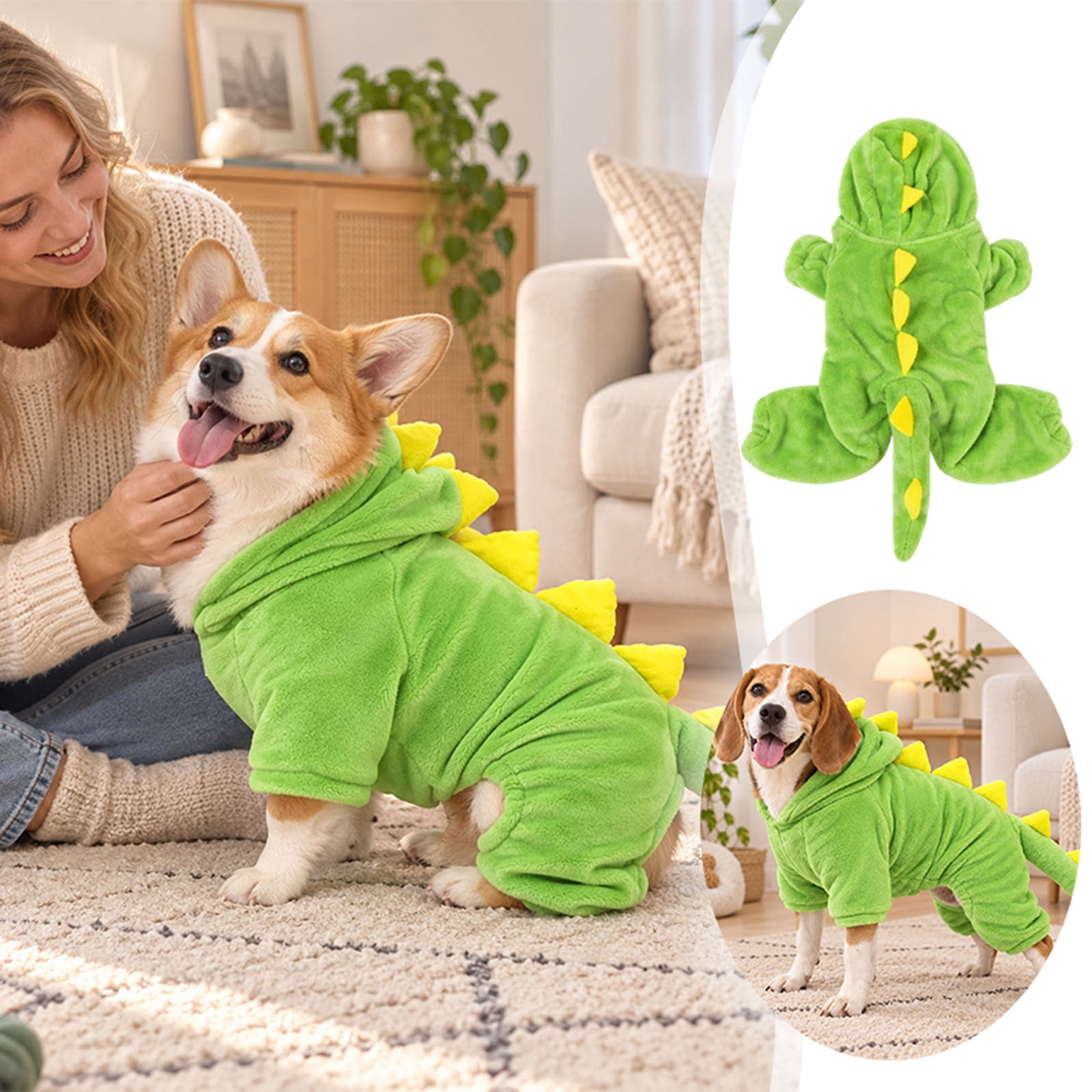 Weather Poway Hooded Green Dinosaur Shape Pet Sweater – Soft Warm Fleece Winter Dog ...