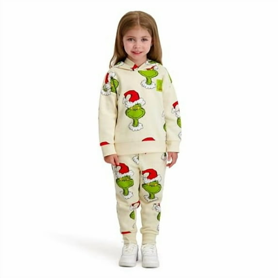 Hooded Grinch Printed Sweatshirt and Jogger Set, Beige, 12M