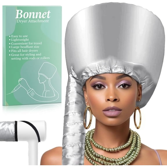 Hooded Hair Dryer Bonnet - Fast-Drying Bonnet Hair Dryer for Natural Hair, Deep Conditioning, Styling, & Curl Enhancing - Adjustable Fit, Heat Distribution, Portable & Lightweight for Travel(Silver)