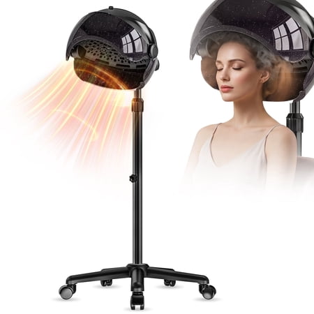 Hooded Hair Dryer, Professional Hood Dryer on Wheels, Sit Under Dryer, Standing Hair Dryer, Black