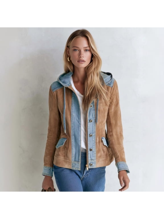 Hooded Jacket For Women Faux Suede Fabric With Denim Patchwork Short Outer Layer Zip Button Front Drawstring Relaxed Fit Outerwear