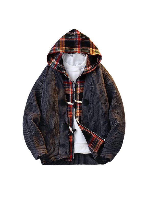 Hooded Jacket Men Plaid Lining Toggle Button Outerwear Casual Loose Fit Long Sleeve Tops with Vintage Spliced Inner Lining Detail Gray,L