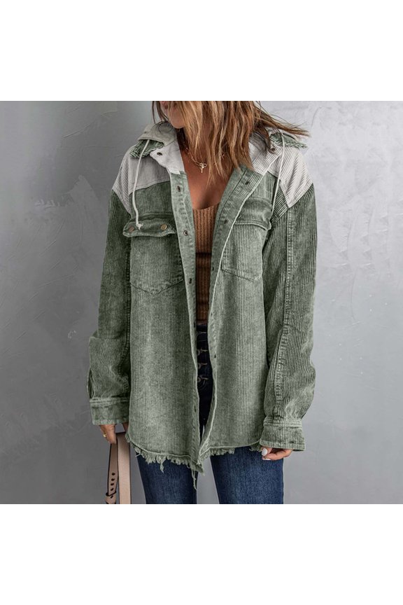 Hooded Jacket Women Casual Corduroy Color Block Patchwork Drawstring Button Long Sleeve Hooded Jacket For A Retro Casual Look Jackets For Women