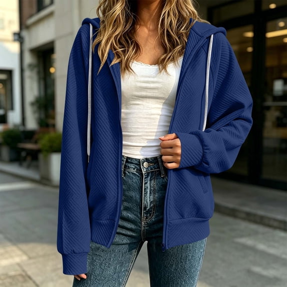 Hooded Jacket Women Casual Solid Color Long Sleeve Drawstring Hooded Zip Up Jacket Top For Everyday Relaxed Wear Jackets For Women