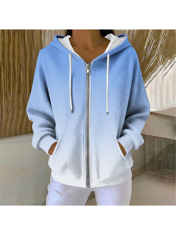 Hooded Jacket Women Fashion Casual Gradient Print Long Sleeve Pockets Hooded Ribbed Zip Up Top For A Trendy Streetwear Look Jackets For Women