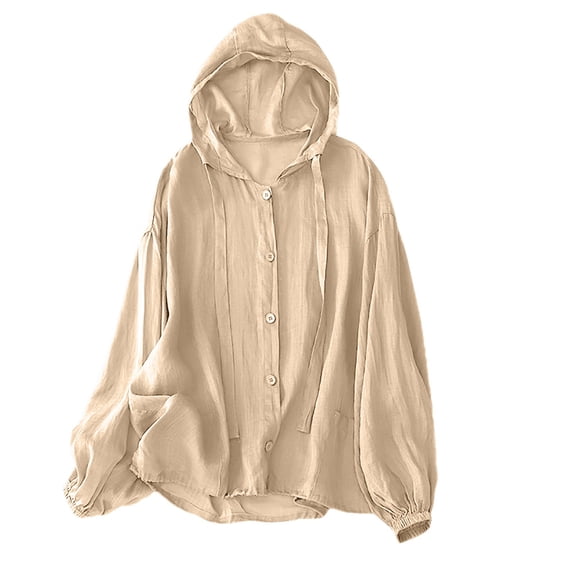 Hooded Jacket Women, Yigetop Cotton Linen Hoodie Tops Womens 2025 Summer Hooded Long Sleeve Shirts Ladies Casual Button Down Blouses Tees Summer Jackets for Women Lightweight Beige L