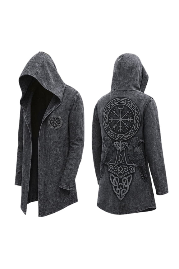 Hooded Jacket for Men Retro Nordic Myth Mid Length Biker Jacket Spring Cardigan Loose Grey L