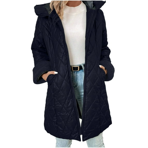 Hooded Jacket for Women Oversized Colorblock Quilted Padded Coat Warm Thick Zip-up Winter Mid-length Outerwear for Going Out