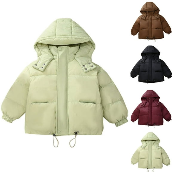 Hooded Down Jackets for Boys Girls Toddler 2-13 Years Unisex Children Solid Color Long Sleeve Thickened Velvet Puffer Jacket Casual Sports Warm Puffer Jackets Coat for Kids Khaki 3-4Years