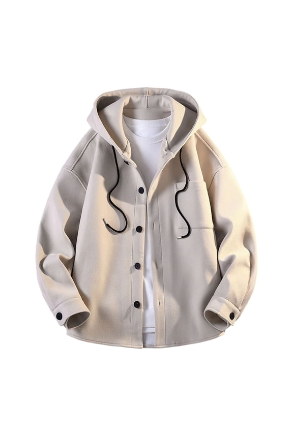 Hooded Jackets For Men Button Down Drawstring Woolen Shacket Stylish Loose Casual Sweatshirt Outwear With Pocket (3XL, Beige)