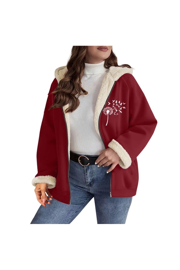 Hooded Jackets For Women Full-Zip Long Sleeve Cute Graphic Print Outwear Sherpa Lined Thermal Cardigan With Pockets (L, Wine-B)