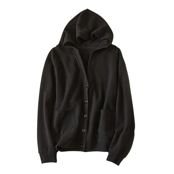 Hooded Jackets For Women V Neck Button Down Solid Color Cardigan Casual Comfy Lightweight Coat With Pockets (L, Black)
