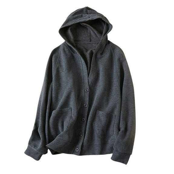 Hooded Jackets For Women V Neck Button Down Solid Color Cardigan Casual Comfy Lightweight Coat With Pockets (M, Gray)