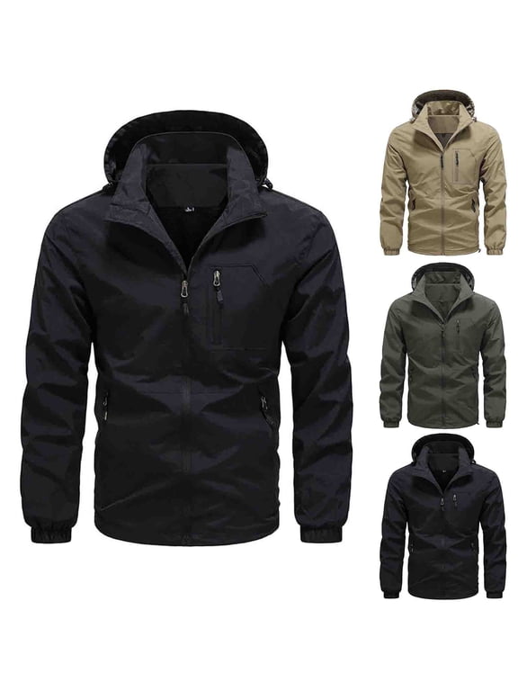 Hooded Jackets for Men Trendy Plus Size Long Sleeve Lightweight Windproof Fast Drying Solid Color Raincoat for Golf Hiking Travel Windbreaker with Pockets