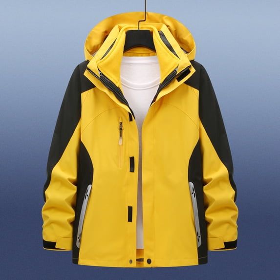 Hooded Jackets for Men Yellow Zip Up Waterproof Rain Jacket Fall Color Block Windbreaker Winter Clothes for Men