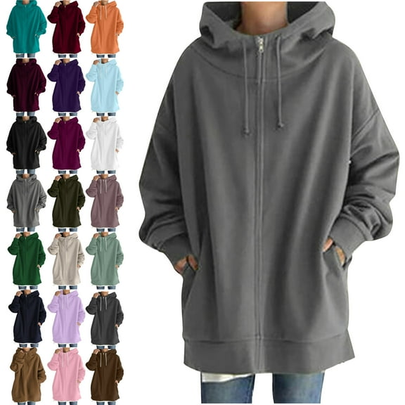 Hooded Jackets for Women Long Sleeve Jackets Solid Color Hoodie Zipper Long Sleeve Sweatshirts Long Coat Tops With Pockets Lightweight Jacket Women