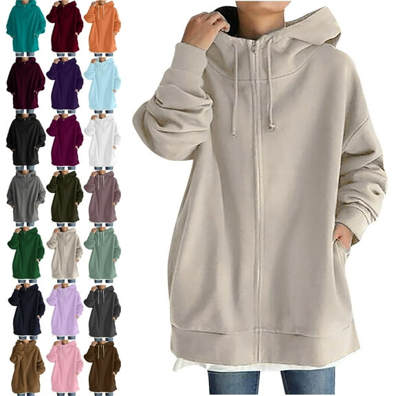 Hooded Jackets for Women Long Sleeve Jackets Solid Color Hoodie Zipper Long Sleeve Sweatshirts Long Coat Tops With Pockets Lightweight Jacket Women