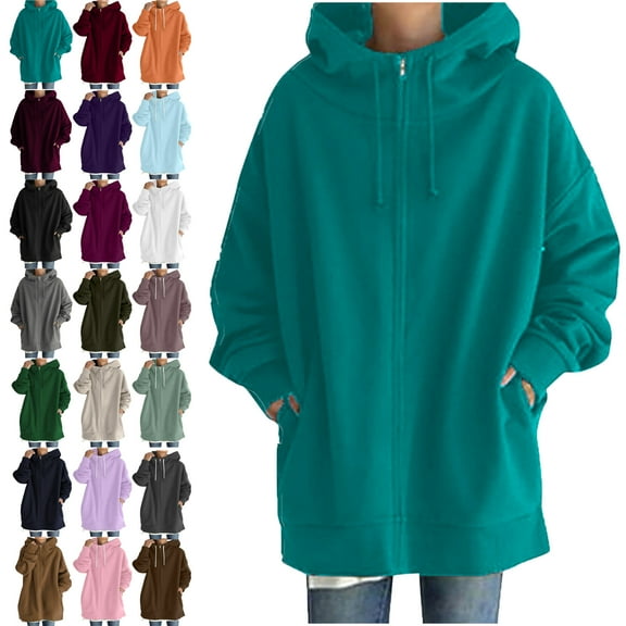 Hooded Jackets for Women Long Sleeve Jackets Solid Color Hoodie Zipper Long Sleeve Sweatshirts Long Coat Tops With Pockets Lightweight Jacket Women