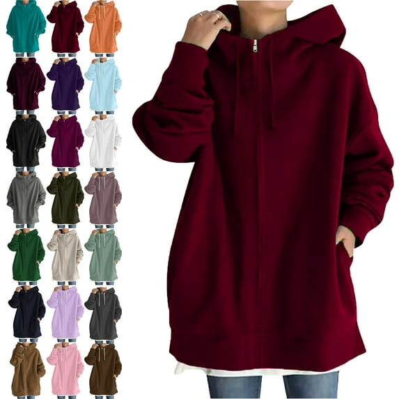 Hooded Jackets for Women Long Sleeve Jackets Solid Color Hoodie Zipper Long Sleeve Sweatshirts Long Coat Tops With Pockets Lightweight Jacket Women