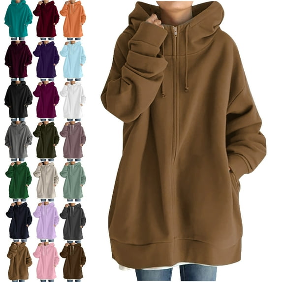 Hooded Jackets for Women Long Sleeve Jackets Solid Color Hoodie Zipper Long Sleeve Sweatshirts Long Coat Tops With Pockets Lightweight Jacket Women