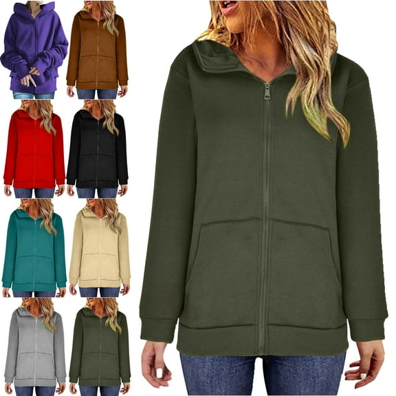 Hooded Jackets for Women Plus Size Women's Hooded Long Sleeves Coat with Zipper Casual Long Sleeve Solid Color Athletic Sweatshirts Loose Hoodie Top