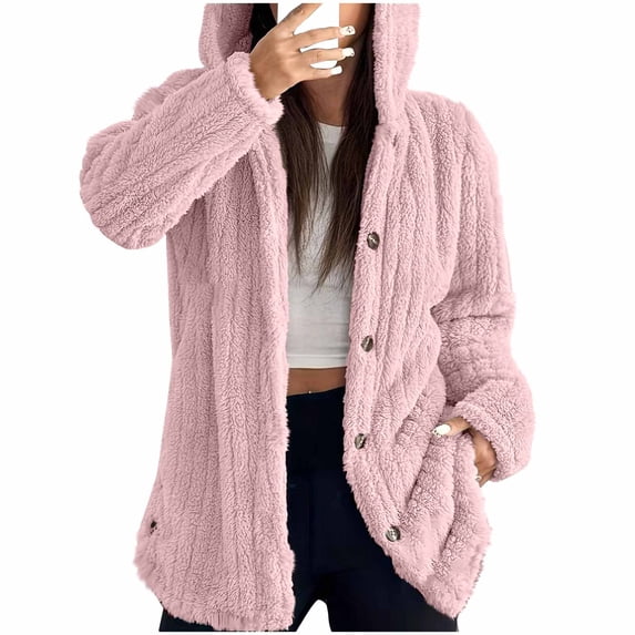 Hooded Jackets for Women Winter Long Sleeved Hooded Warm Jacket Solid Color Button Top Jacket