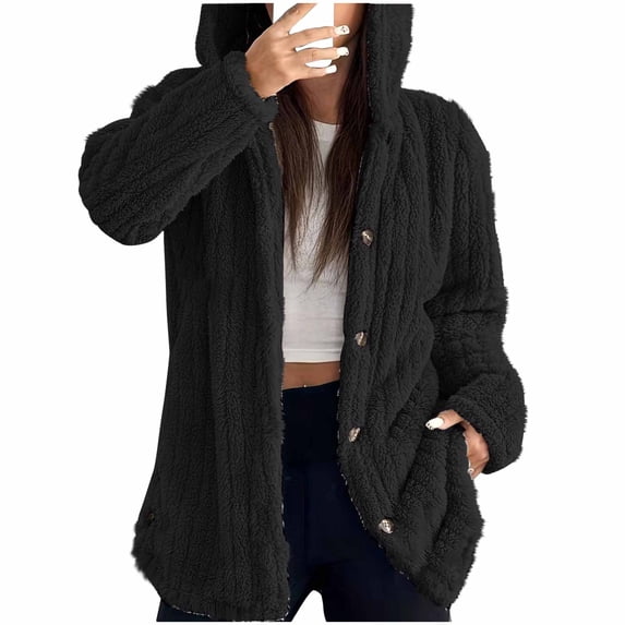 Hooded Jackets for Women Winter Long Sleeved Hooded Warm Jacket Solid Color Button Top Jacket
