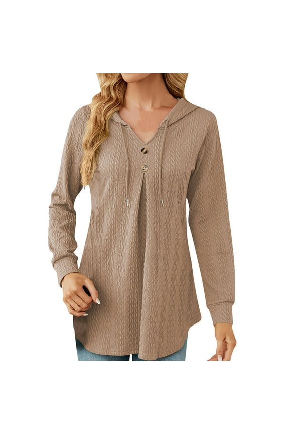 Hooded Jumpers Womens Plain Drawstring Tunic Pullover Tops Casual Knit V-Neck Long Sleeve Sweatshirts with Hood Fall Longline Tunics Slim Fit Elegant Jumper Button/Ruched Detail
