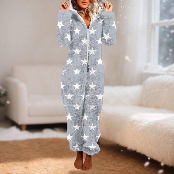 Hooded Jumpsuit New Women Long Sleeve Hooded Jumpsuit Pajamas Casual Winter Warm Romper Sleepwear Style B-44 Gray XL