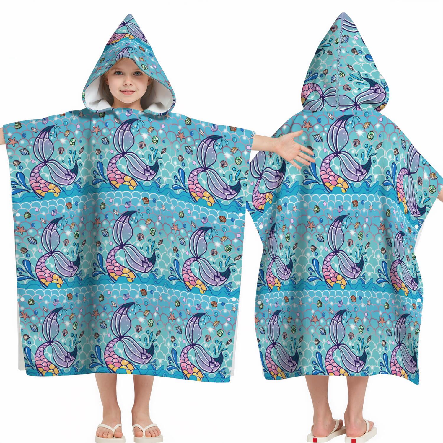 Hooded Kids Beach Towels - Toddler Bath Towel Girls Boys Swimming Cover-ups for Ages 2 to 6 Kids Pool Towels Quick Dry Lightweight Soft Microfiber Poncho Towel 28x28 (Mermaid Seashell)