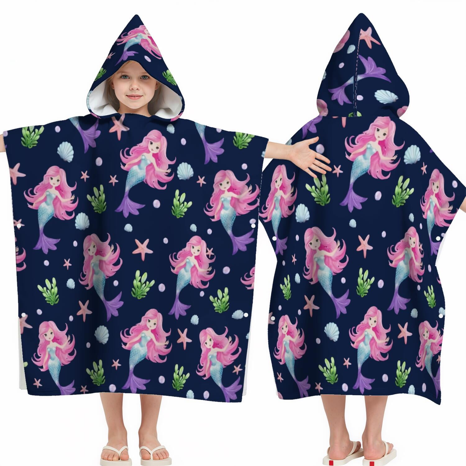 Hooded Kids Beach Towels - Toddler Bath Towel Girls Boys Swimming Cover-ups for Ages 2 to 6 Kids Pool Towels Quick Dry Lightweight Soft Microfiber Poncho Towel 28x28 (Mermaid Seashell)