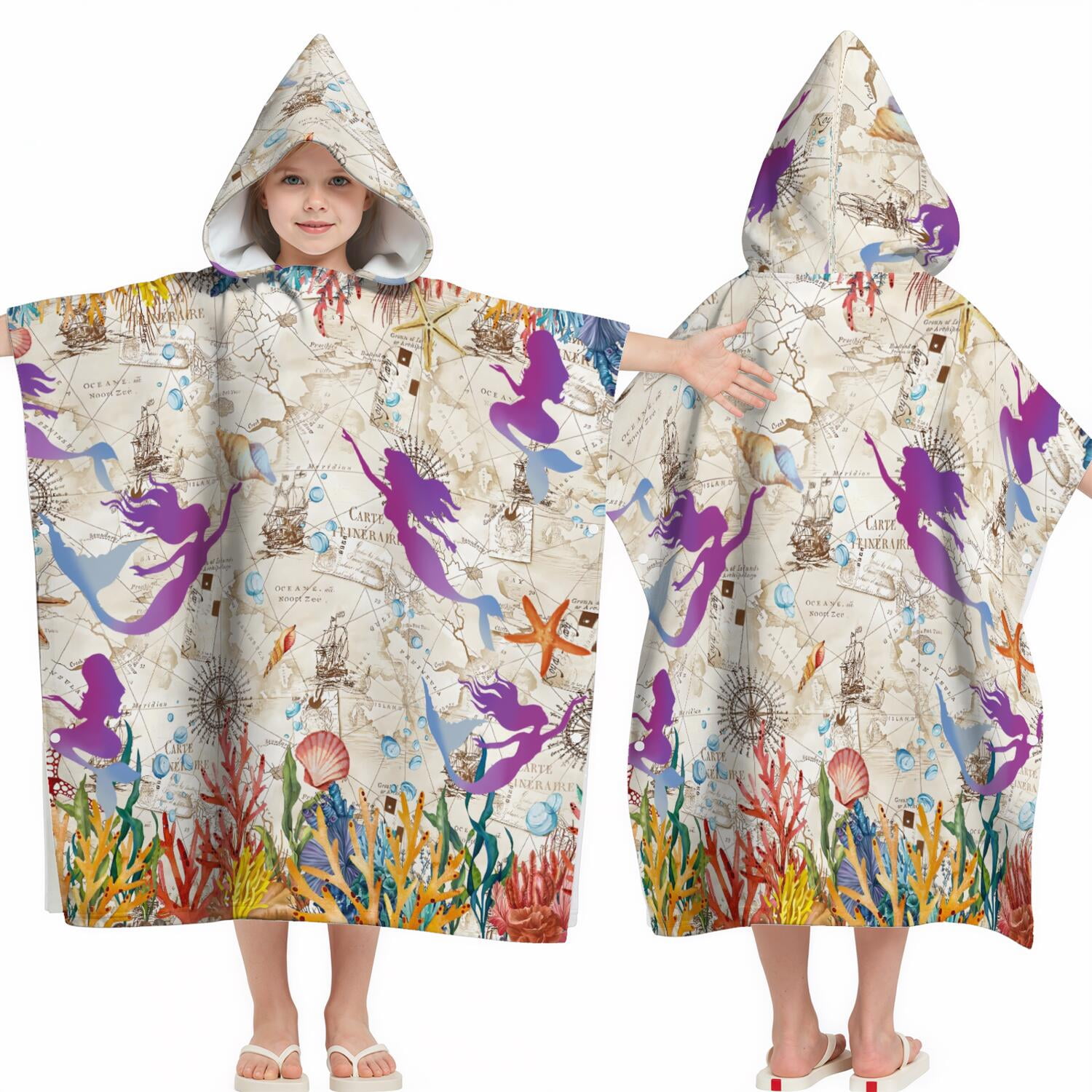 Hooded Kids Beach Towels - Toddler Bath Towel Girls Boys Swimming Cover-ups for Ages 2 to 6 Kids Pool Towels Quick Dry Lightweight Soft Microfiber Poncho Towel 28x28 (Mermaid Seashell)