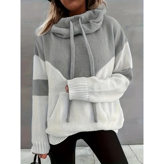 Hooded Knit Sweatshirt with Color Block