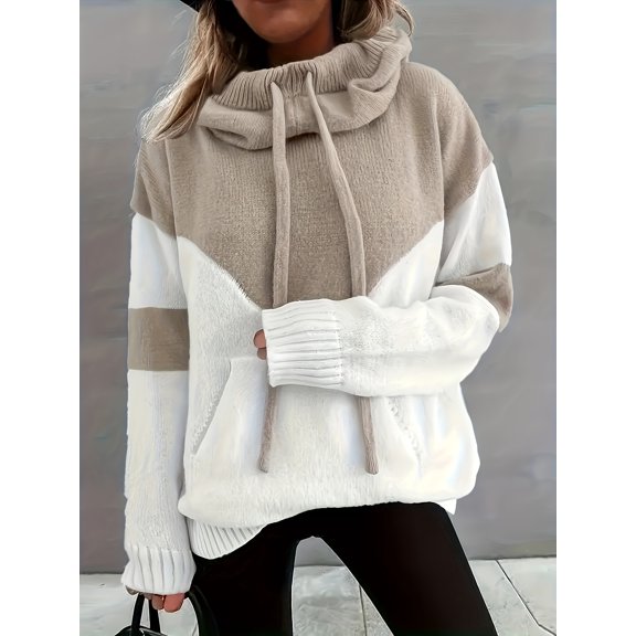 Hooded Knit Sweatshirt with Color Block