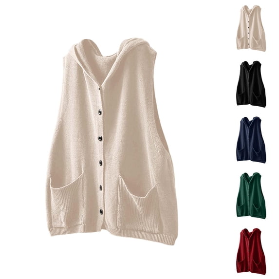 Hooded Knit Vest Sweater Casual Outerwear Cardigan With Pockets Sleeveless Open Front Fall Winter Fashion