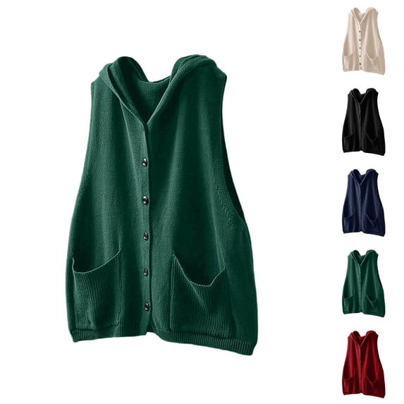 Hooded Knit Vest Sweater Casual Outerwear Cardigan With Pockets Sleeveless Open Front Fall Winter Fashion