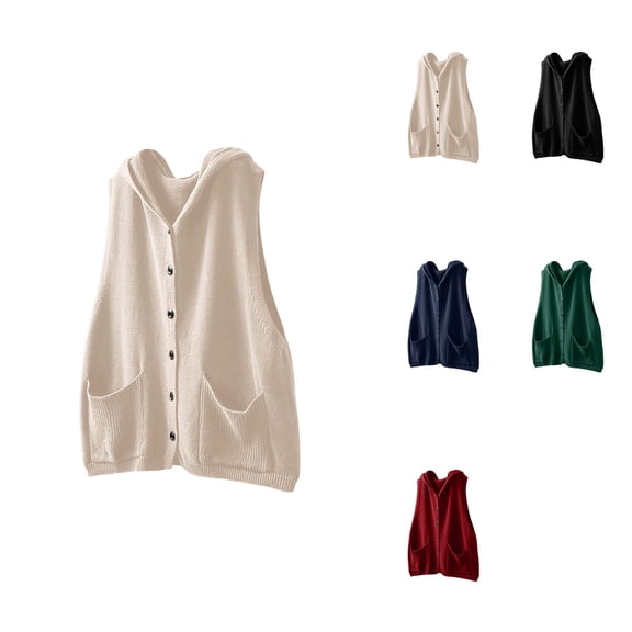 Hooded Knit Vest Sweater Women's Sleeveless Cardigan with Pockets, Loose Fit Open Front Casual Outerwear for Fall Winter