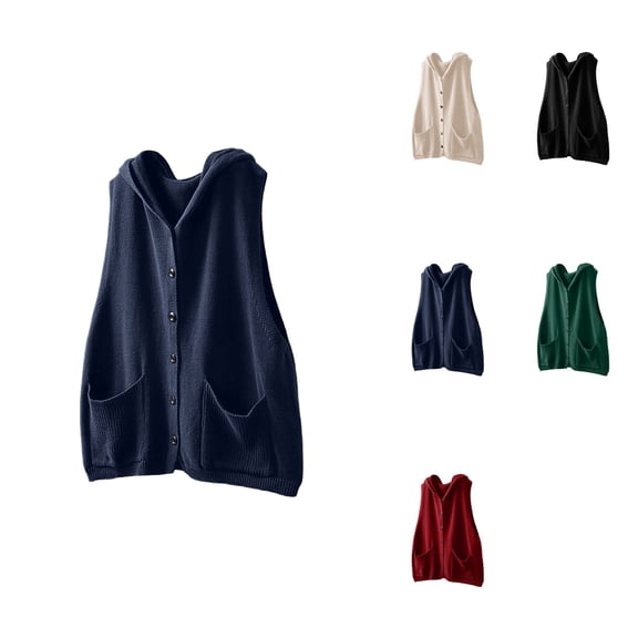 Hooded Knit Vest Sweater Women's Sleeveless Cardigan with Pockets, Loose Fit Open Front Casual Outerwear for Fall Winter